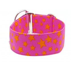 Zugstopphalsband, Windhundhalsband Orange Sterne auf Pink, 3 Breiten lieferbar