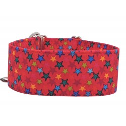 Zugstopp Halsband, Windhundhalsband  in rot mit bunten Sternen, 3 Breiten lieferbar