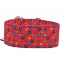 Zugstopp Halsband, Windhundhalsband  in rot mit bunten Sternen, 3 Breiten lieferbar