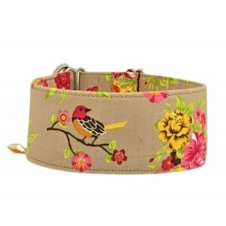 Zugstopp Halsband, Windhundhalsband beige mit Blumen und Vögeln , 5 cm Breite