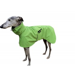Sofort lieferbar: Windhund-Regenmantel hellgrün, gefüttert mit Baumwoll-Jersey gestreift, RL 70 cm