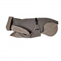 Sofort lieferbar: Whippetmantel Softshell hellbraun-meliert mit Brustlatz, gefüttert mit Teddyplüsch, RL 60 cm